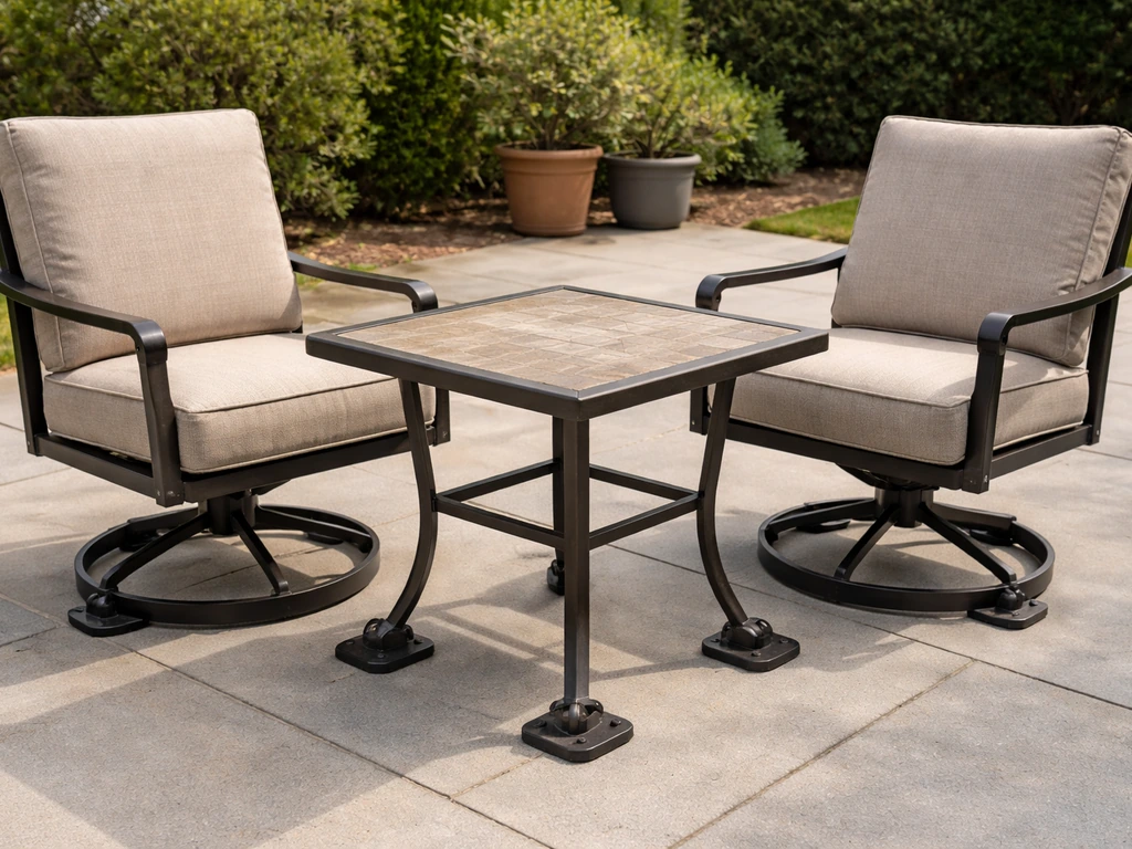 Weather-ready patio with anchored chairs and a sturdy table on a clean, safe surface