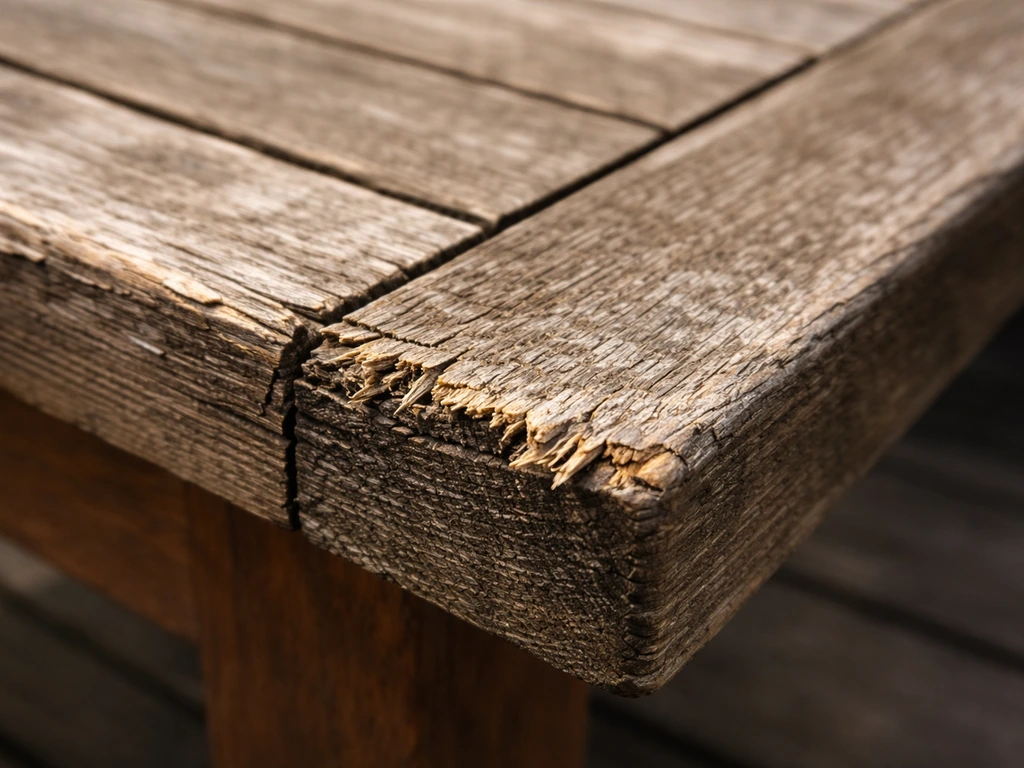 Close-up of weathered wood with raised grain splinters and surface cracking from moisture