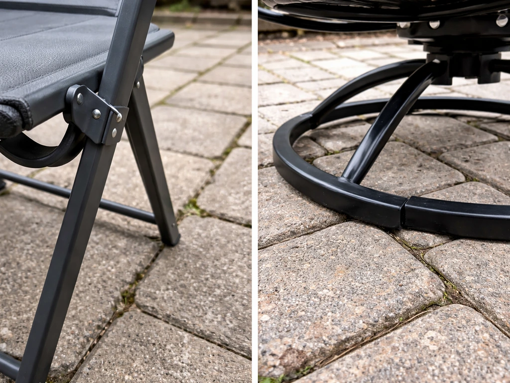 Close-up of a folding chair hinge pinch point and a rocking base on uneven pavers with slight misalignment.