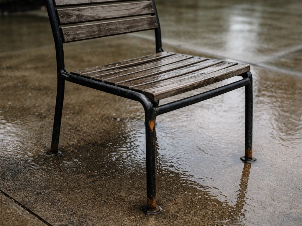 Wet patio chair with corroded, loosened joints after weather damage, unstable and unsafe-looking