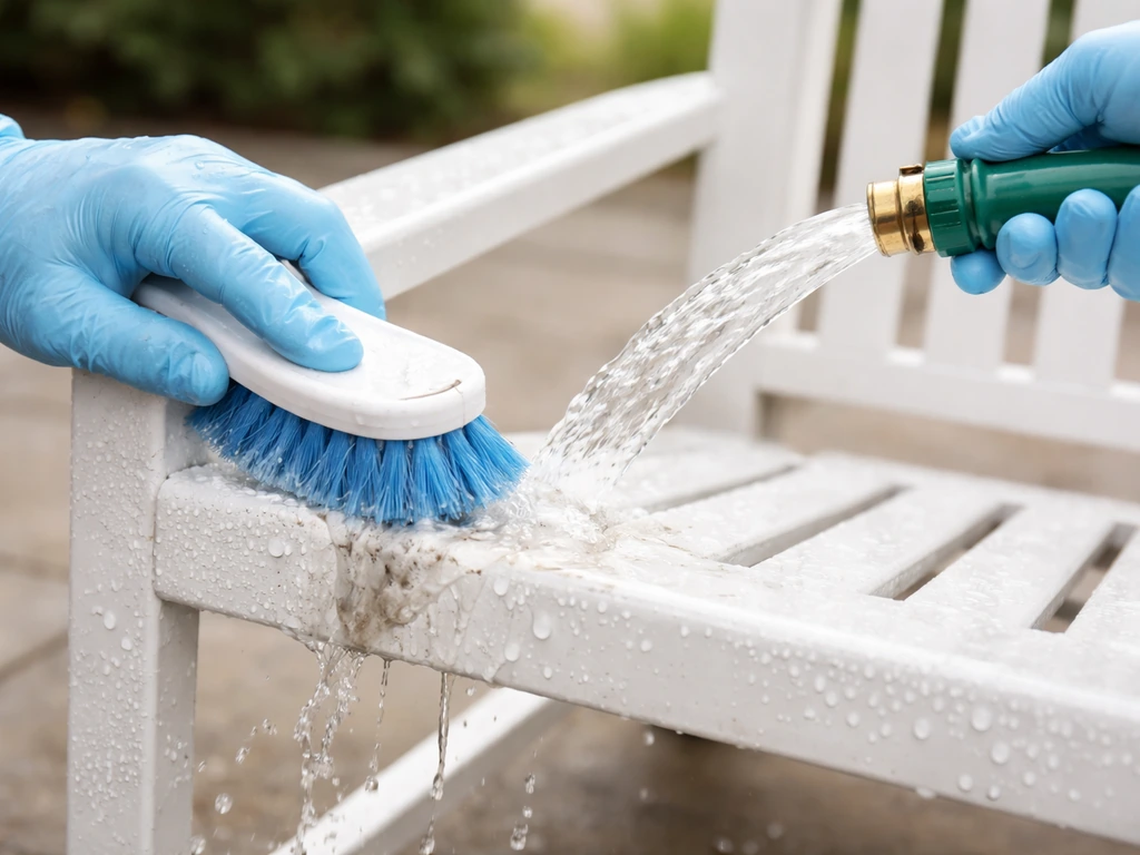 Gloved hands gently brushing and rinsing a powder-coated metal chair with a hose, avoiding harsh bleach.