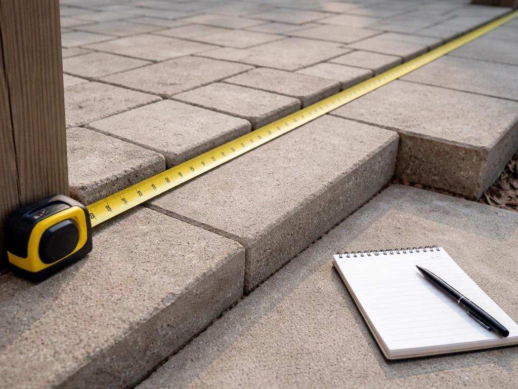 Close-up of a 25-foot tape measure stretched along a patio edge beside a blank notepad.