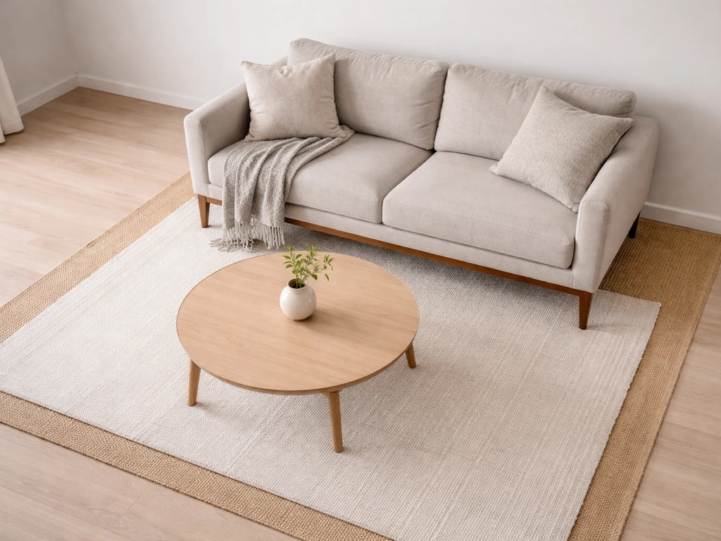 Overhead view of a minimalist lounge with sofa and coffee table spaced 14–18 inches apart