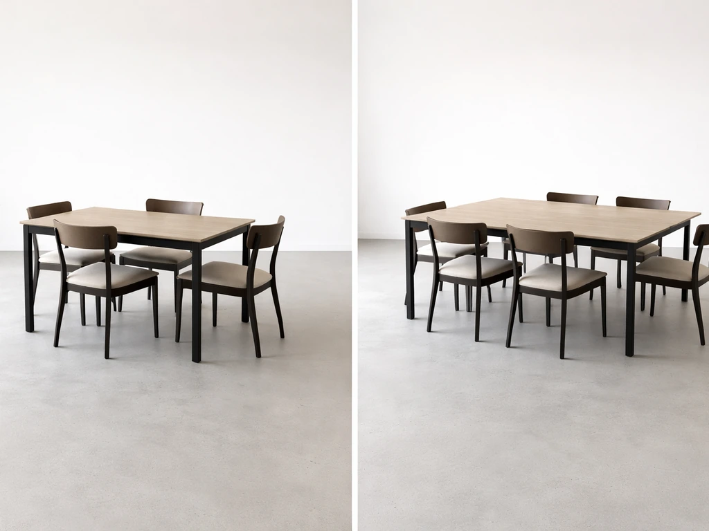 Two minimal dining table setups with chairs spaced to suggest clearance around different table footprints.