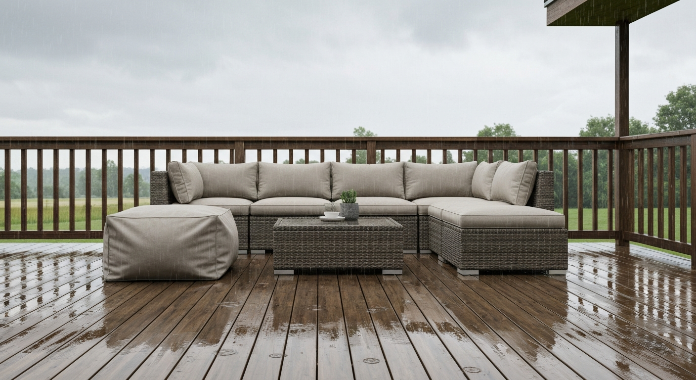 Outdoor patio set in light rain showing water beading on cushions and wicker, illustrating water-resistant furniture.