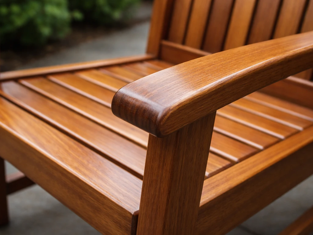 Close-up of freshly sealed teak-like patio wood showing rich color and visible grain outdoors.