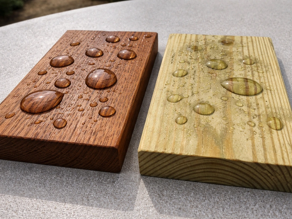 Two side-by-side wood samples showing water beading on dense hardwood vs pine absorbing/spreading.