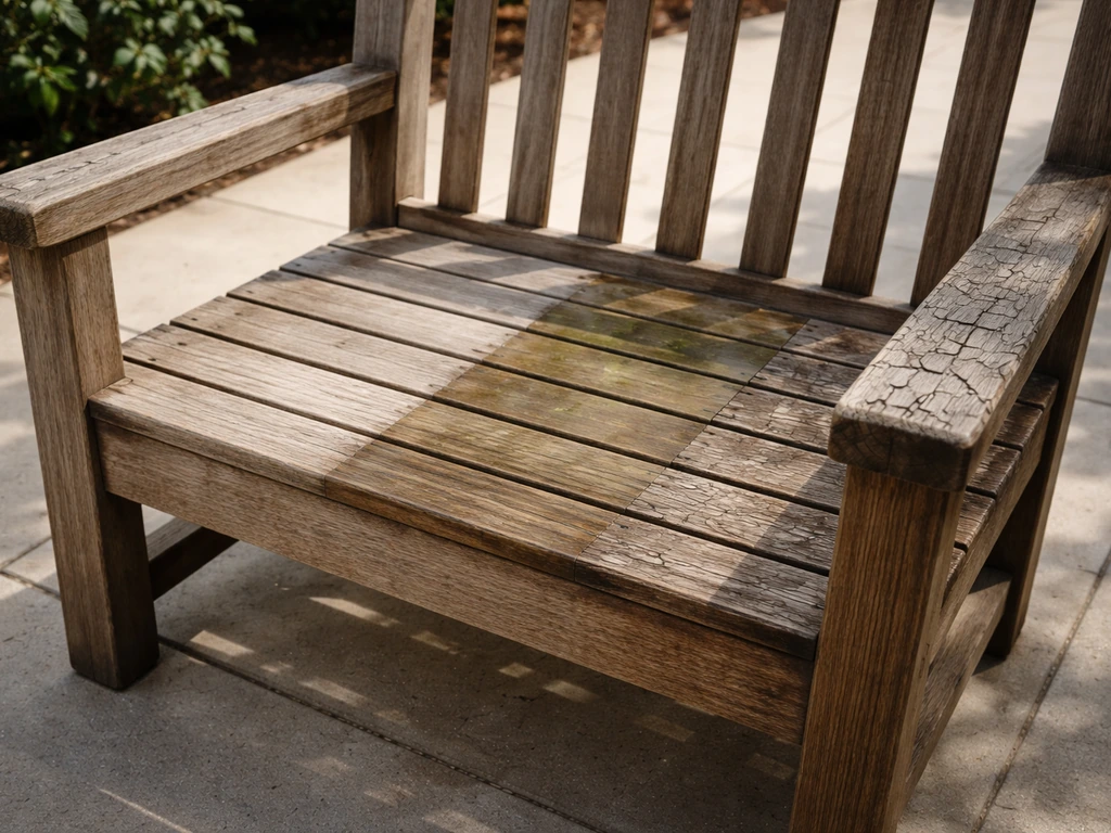 Outdoor patio wooden furniture with three weathered finish tones suggesting UV, humidity, and freeze-thaw exposure.