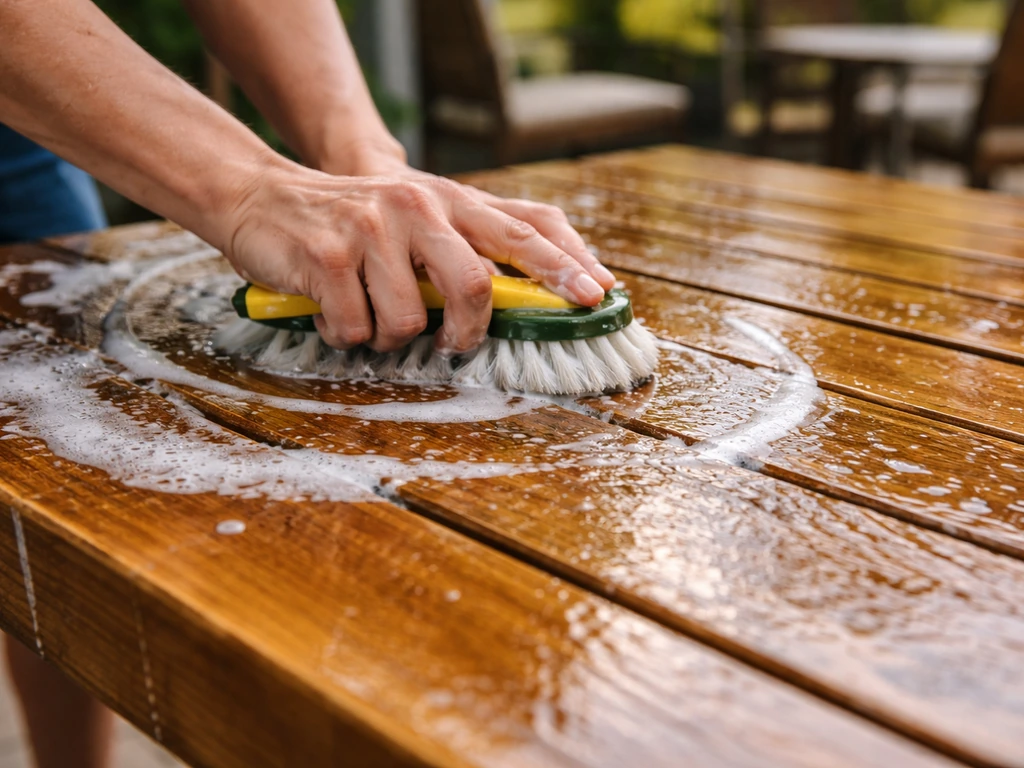 Close-up of patio wood being scrubbed with deck cleaner and rinsed clean with water