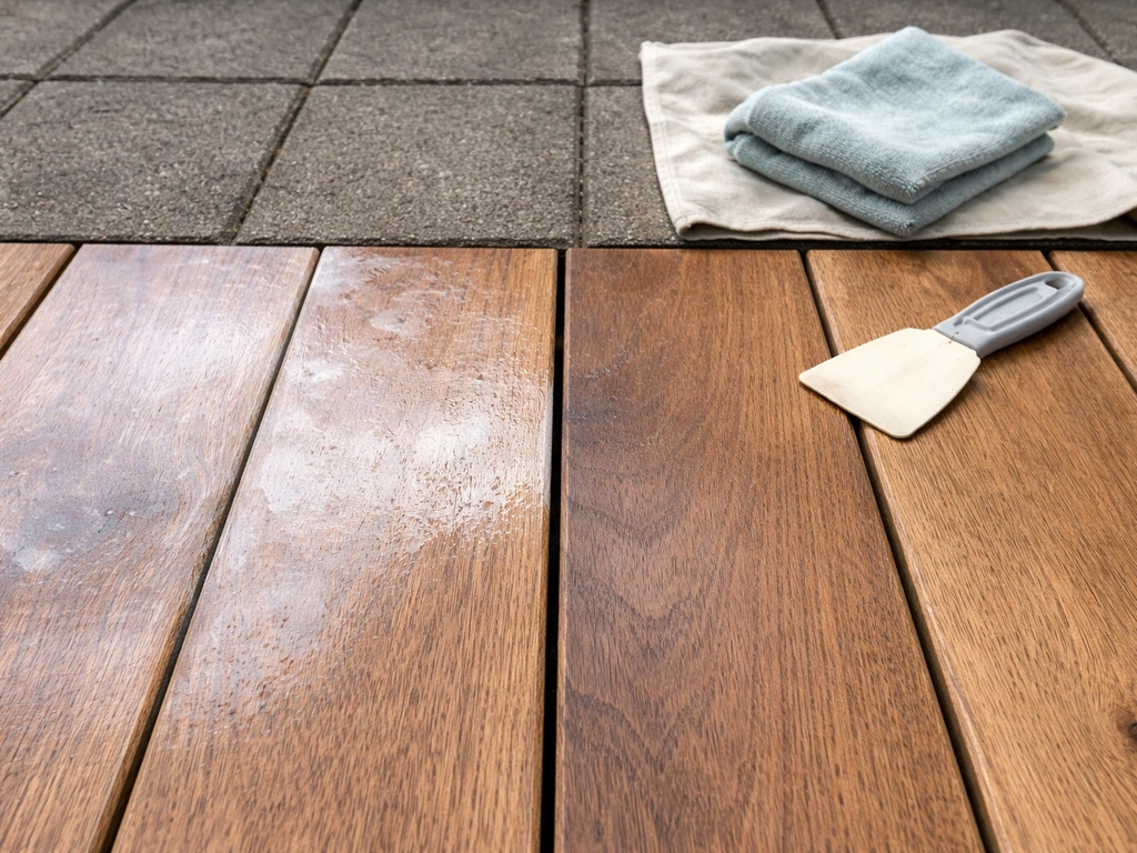 Patio wood with milky, tacky sealer on one section and a cured section beside it, with cleaning tools nearby.