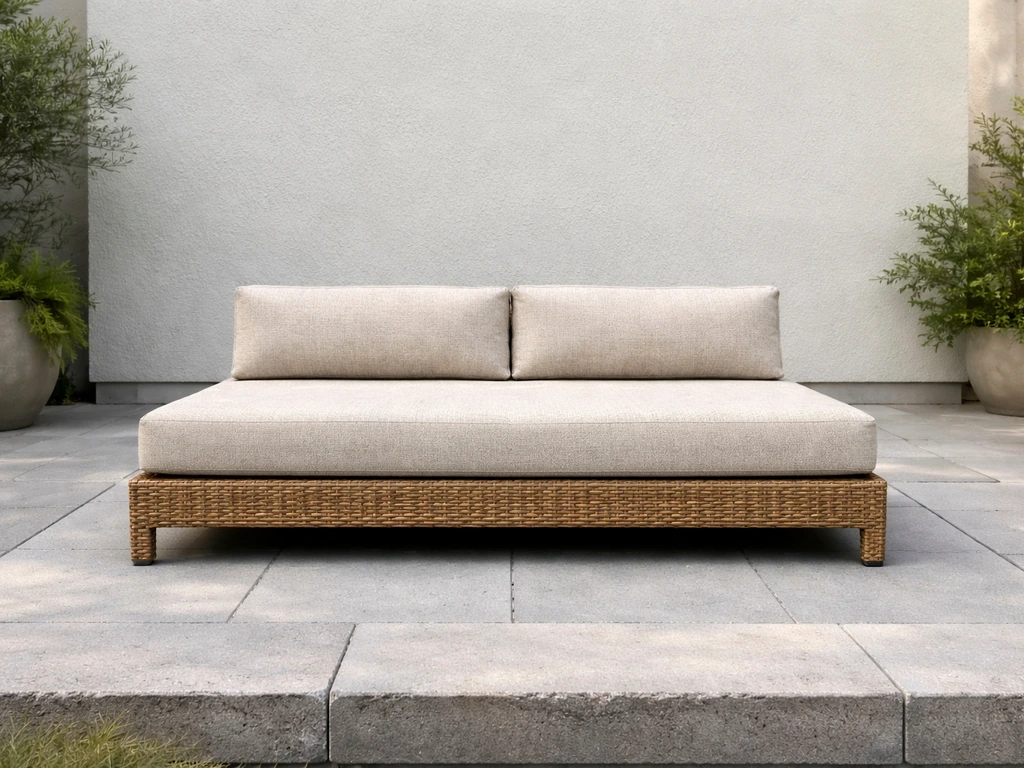 Low patio seating set showing short seat and back height proportions in a simple outdoor setting.