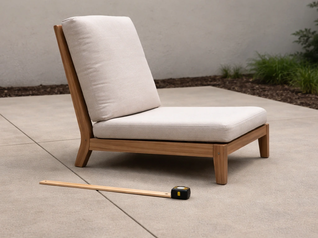 Outdoor patio chair with low seat and tall back, next to a plain yardstick and tape for height context.
