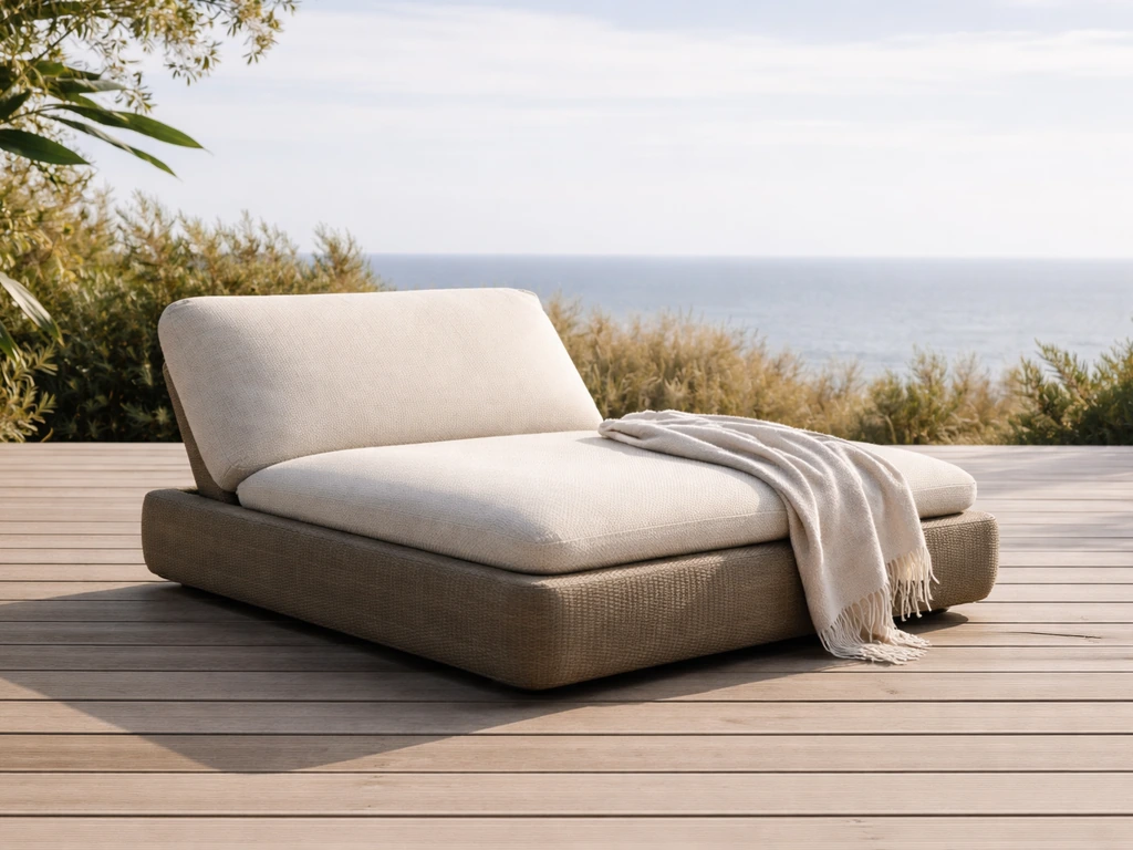 Low-profile outdoor lounge chair on an open deck, showing wide base and stability in a breezy setting.