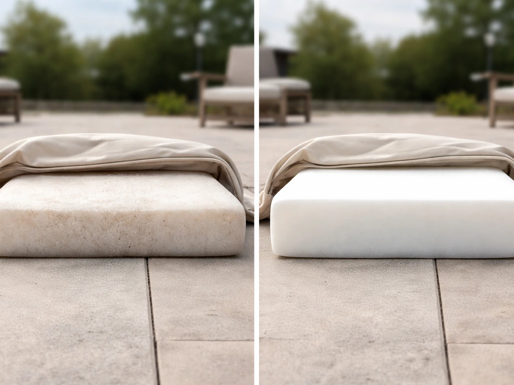 Side-by-side comparison of compressed vs uncompressed outdoor cushion foam showing reduced thickness over time