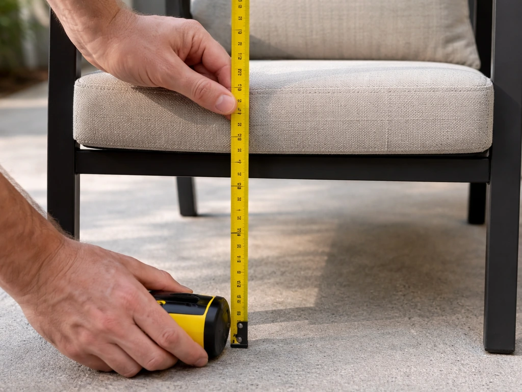 Close-up of a tape measure measuring patio chair seat height from the floor to cushion center