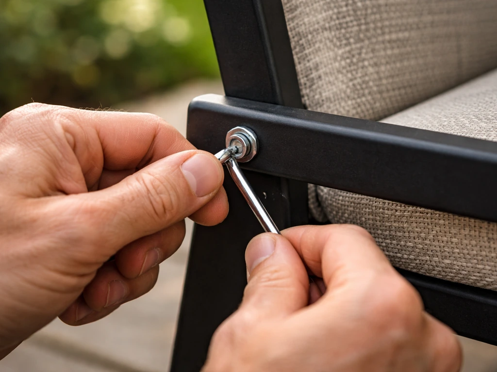 Hands using an Allen wrench to tighten a patio furniture bolt at an arm/seat joint.