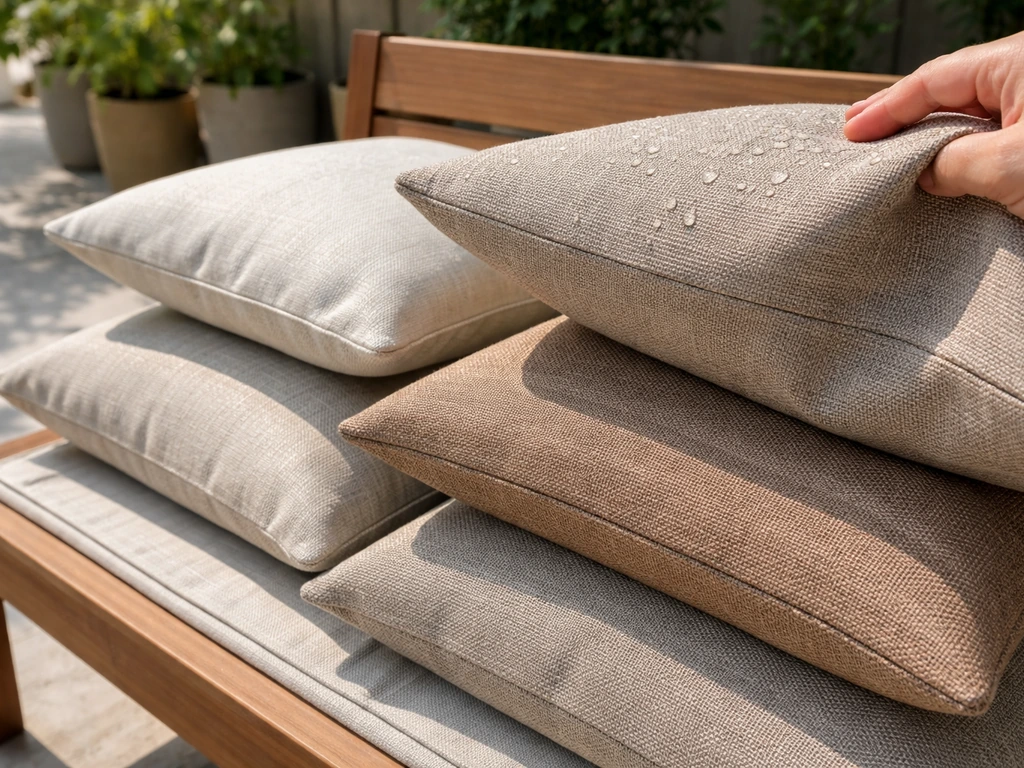 Sunlit patio bench with outdoor cushion covers, showing fabric texture and stitching detail.