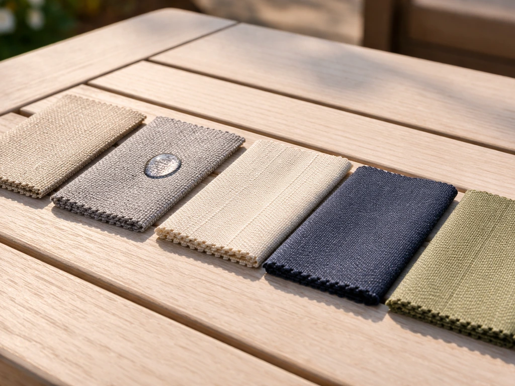 Close-up of outdoor cushion fabric swatches on a table with a small water drop and sunlit fabric texture.