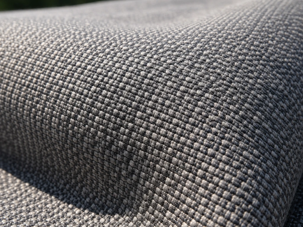 Closeup macro of tightly woven outdoor performance polyester upholstery fabric texture and density.