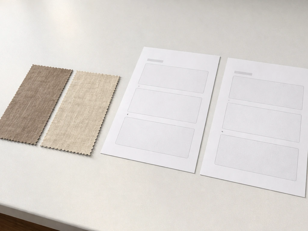 Two fabric swatches beside blank spec sheets to illustrate UV/fade and water testing callouts.