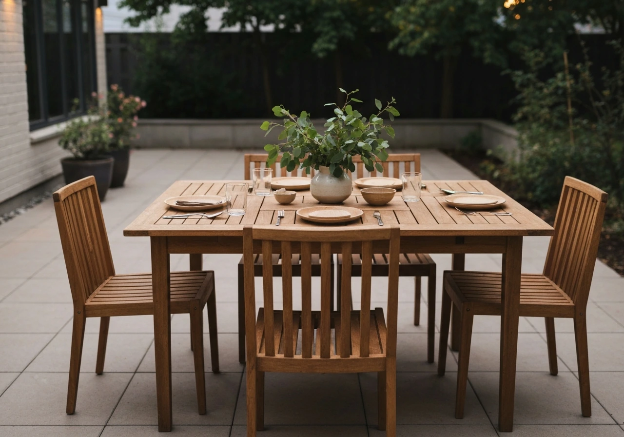 Outdoor dining table set with chairs arranged for comfortable spacing, minimal patio scene.