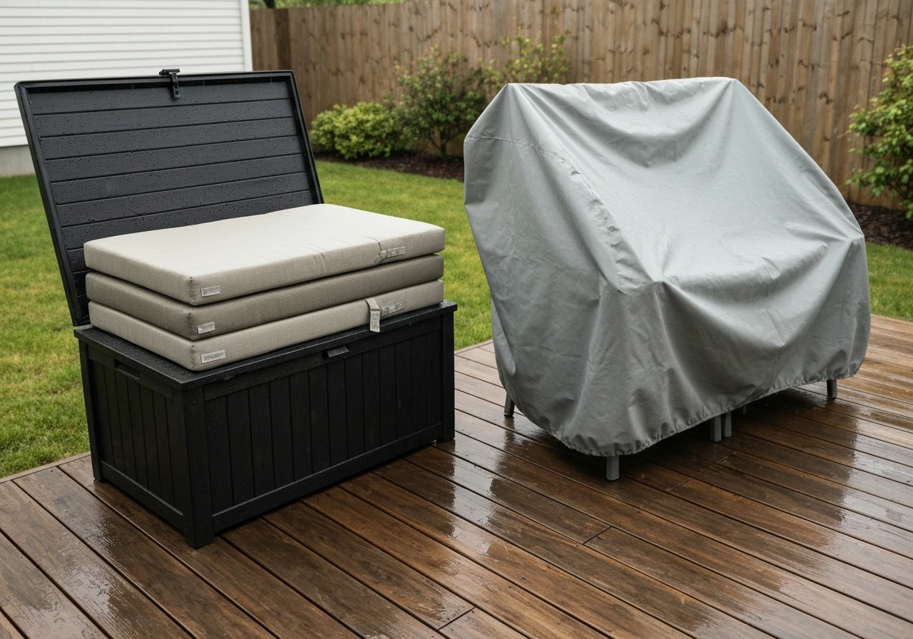 Outdoor deck cushion storage box open with cushions, next to a patio furniture cover for off-season protection.