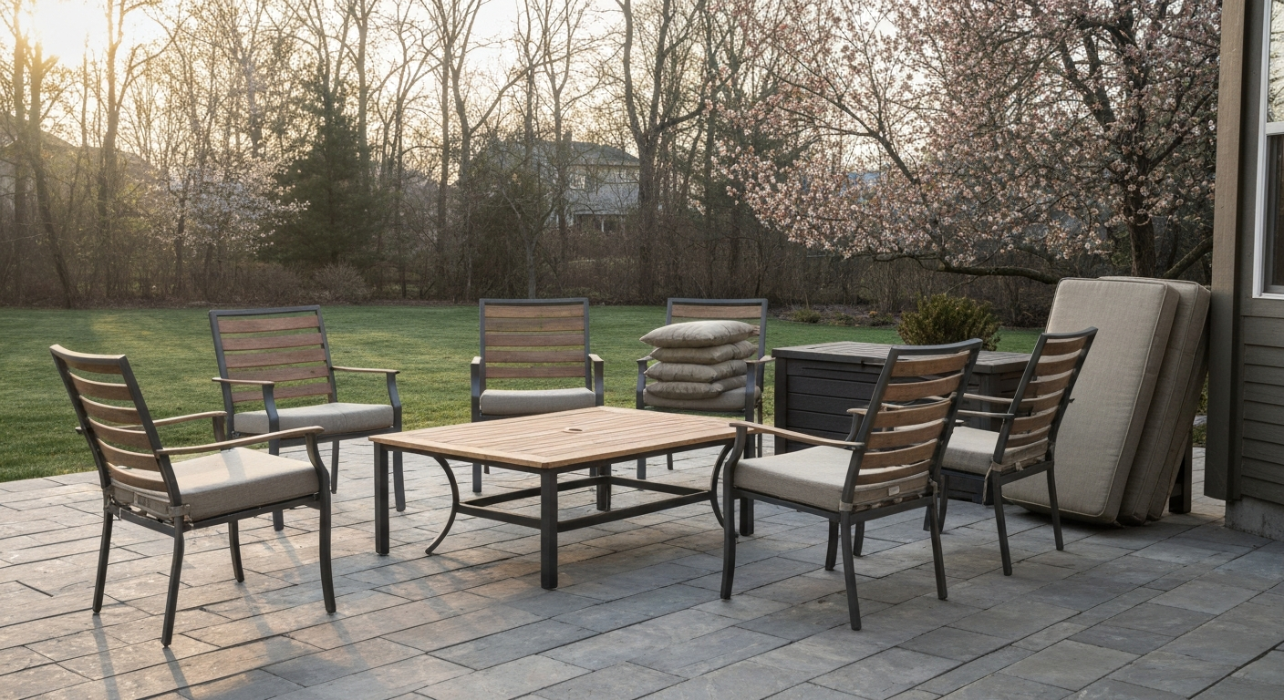 Early-spring patio with aluminum chairs and a teak table; cushions stored in a weatherproof box nearby, showing staged patio deployment after last frost.