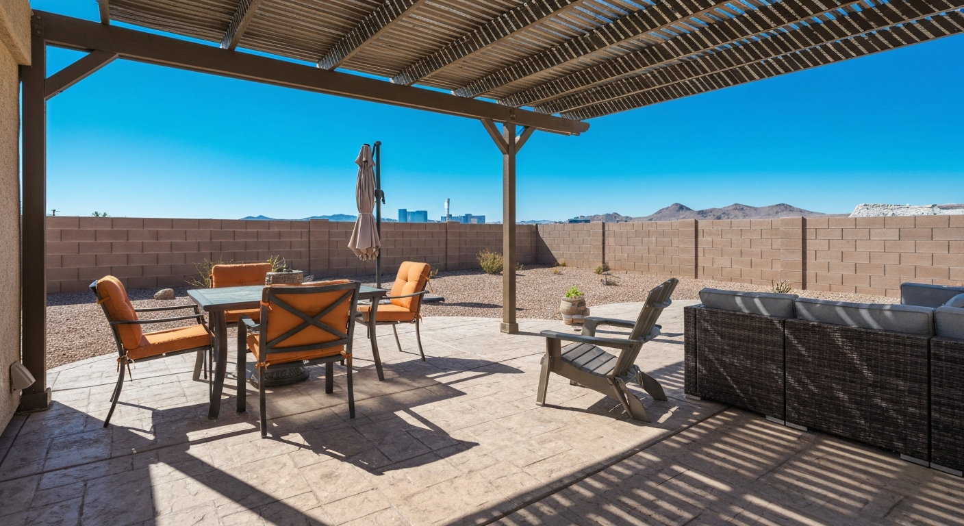 Las Vegas backyard patio under bright sun featuring aluminum dining set, HDPE chair, resin wicker sectional, and light dust haze.