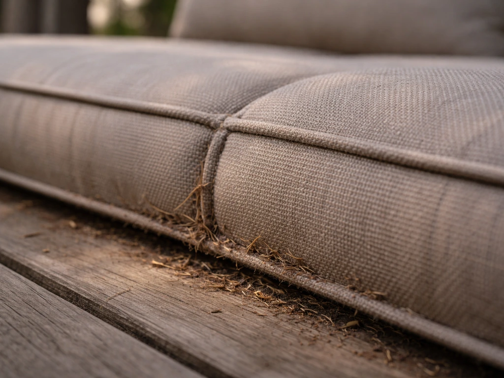 Close-up of outdoor patio chair cushion with tiny speck-like mites and dry grass in soft natural light