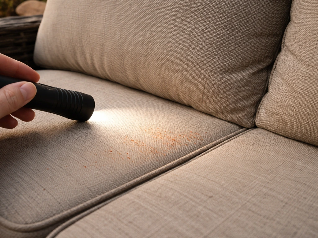 Patio loveseat cushion seams with subtle reddish-orange smudges and specks under a flashlight beam.