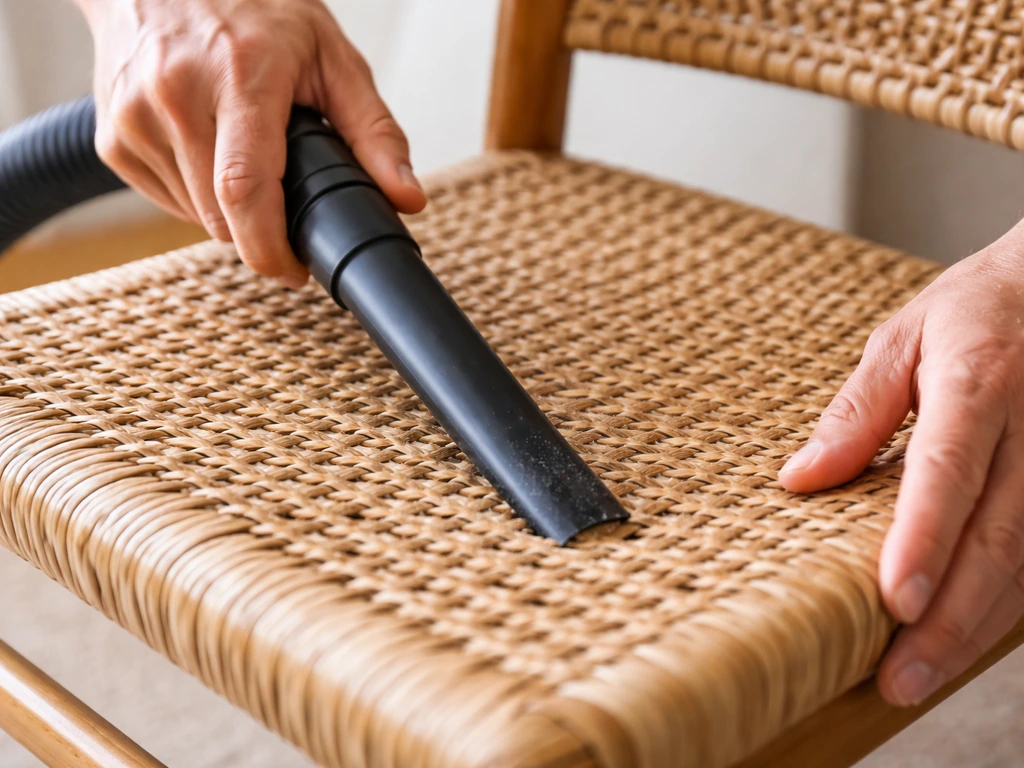 Close-up of hands vacuuming wicker rattan furniture with a crevice tool