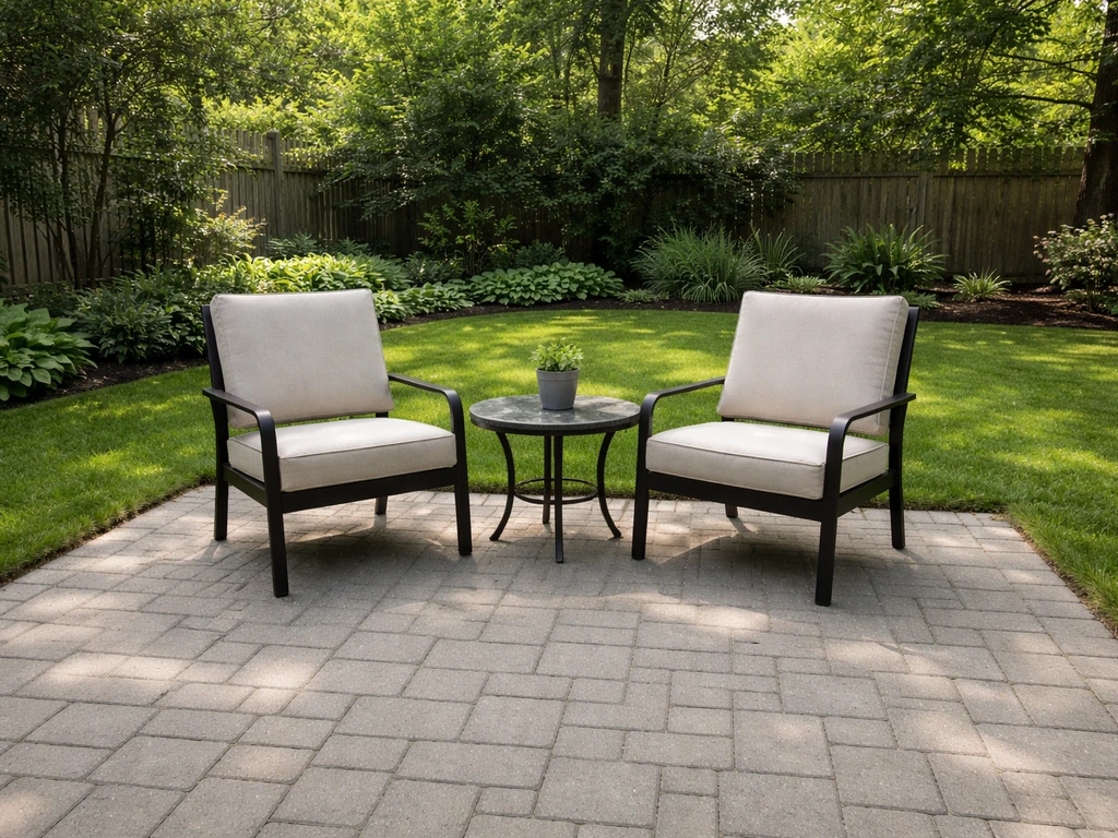 Outdoor patio furniture pushed toward the center, away from grass and leaf litter to reduce chigger exposure.