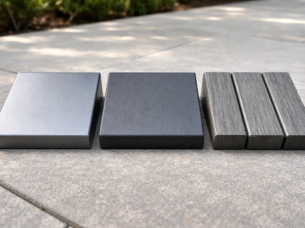 Side-by-side outdoor material swatches showing powder-coated aluminum, steel, and HDPE slats textures.