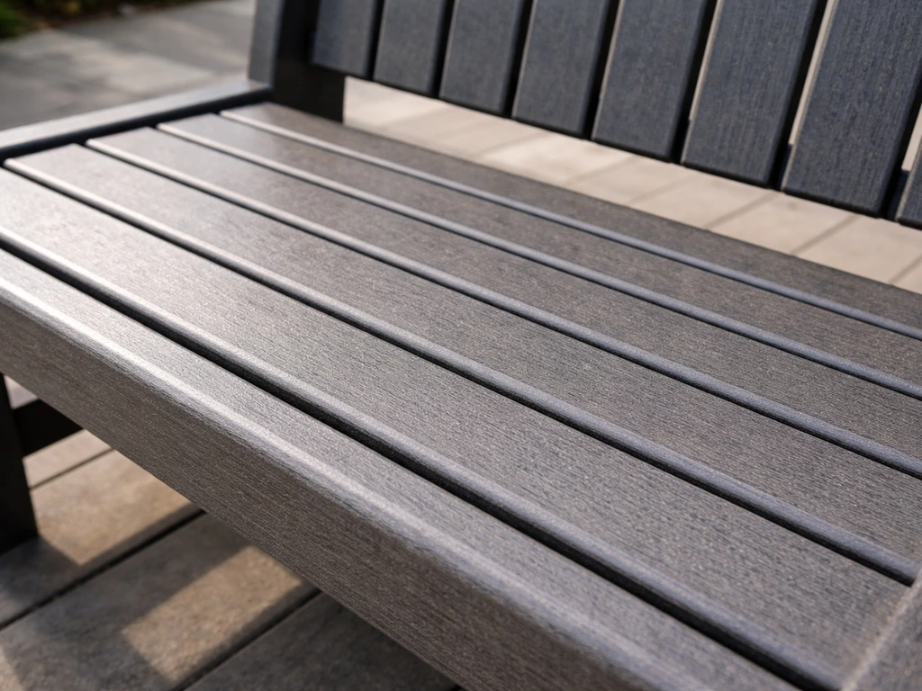 Close-up of a molded slat outdoor bench seat made of recycled poly lumber, showing smooth no-splinter surface.