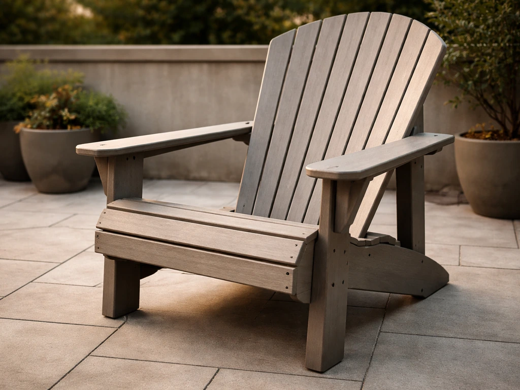 Oversized Adirondack-style chair on a patio, showing the wide, deep seat and angled back.