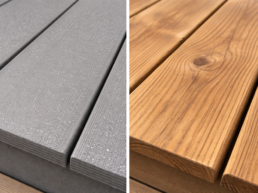 Split close-up showing recycled plastic lumber HDPE plank texture beside traditional wood grain for wood-look patio mate