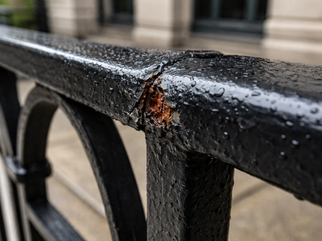 Close-up of wrought iron railing showing rust creeping from a chipped scratch next to intact coating.
