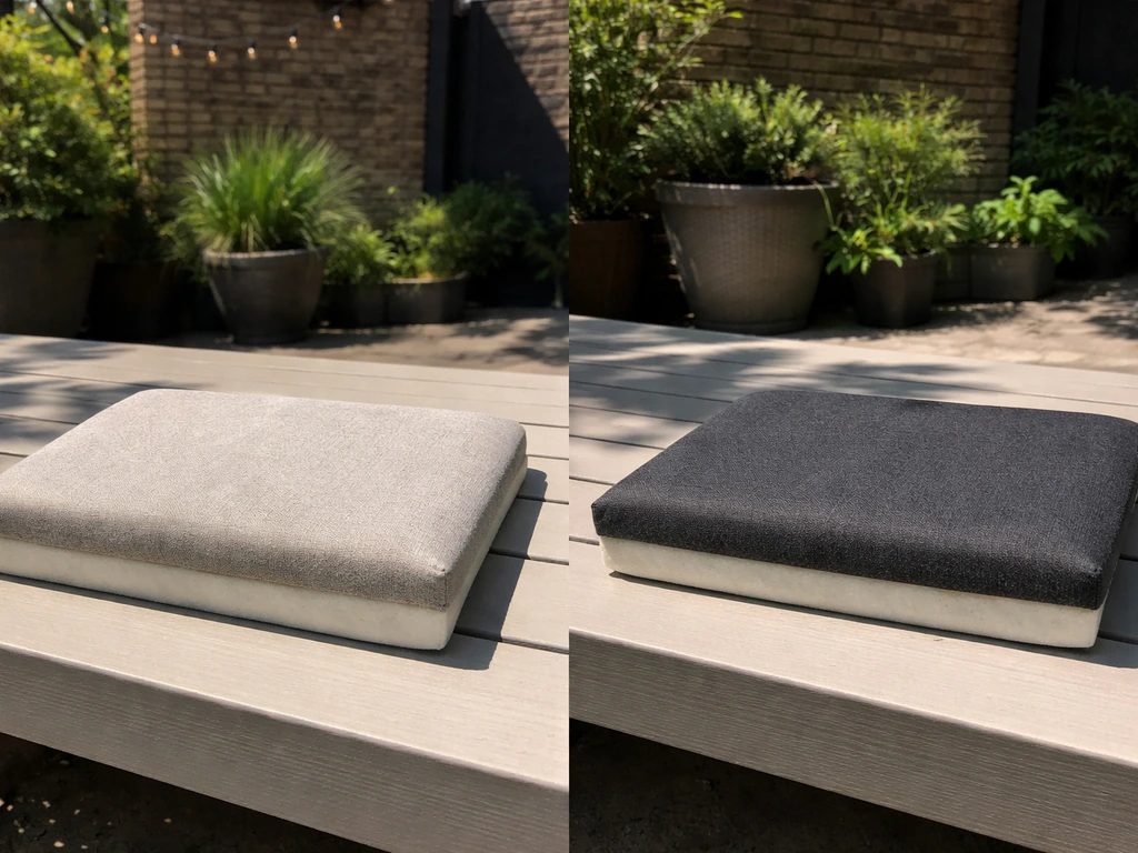 Two patio cushion fabric samples side-by-side in sun vs shade, one faded and one still vibrant.