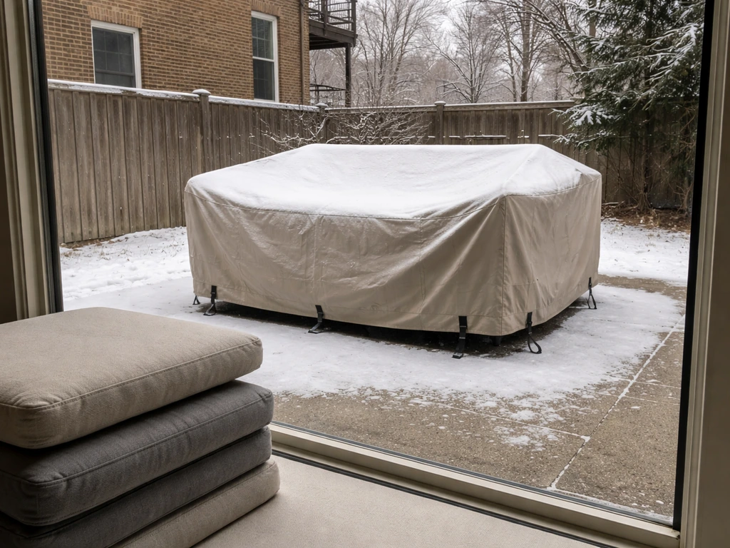 Winter patio furniture secured under a fitted cover with cushions stored indoors nearby.
