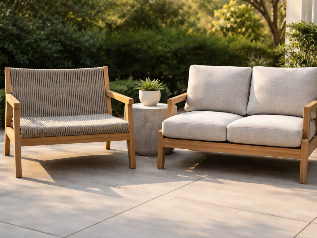 Side-by-side patio chairs: one with sling upholstery and one with cushion cushions in natural outdoor light.