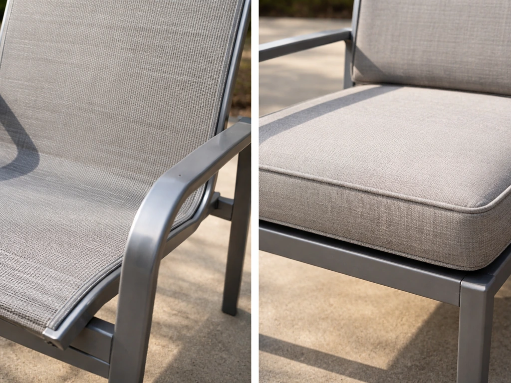 Close-up comparison of sling fabric on a metal frame and a cushion seat on a patio chair frame.