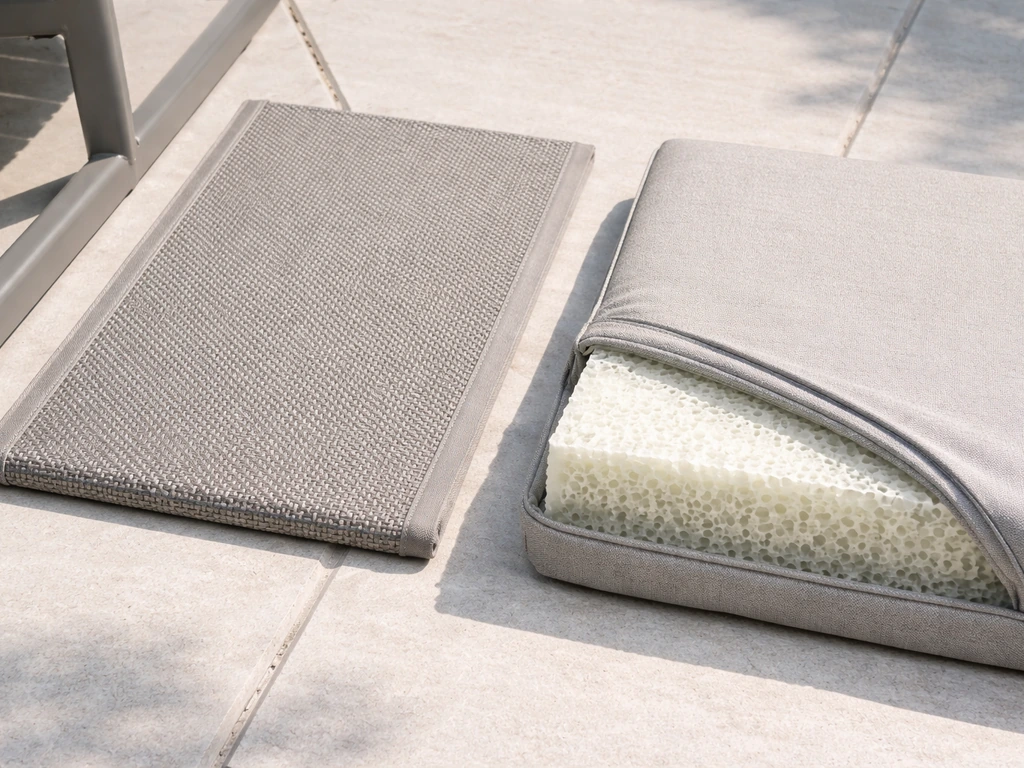 Close-up comparison of outdoor sling and cushion seating, showing powder-coated aluminum frame and UV-rated fabric