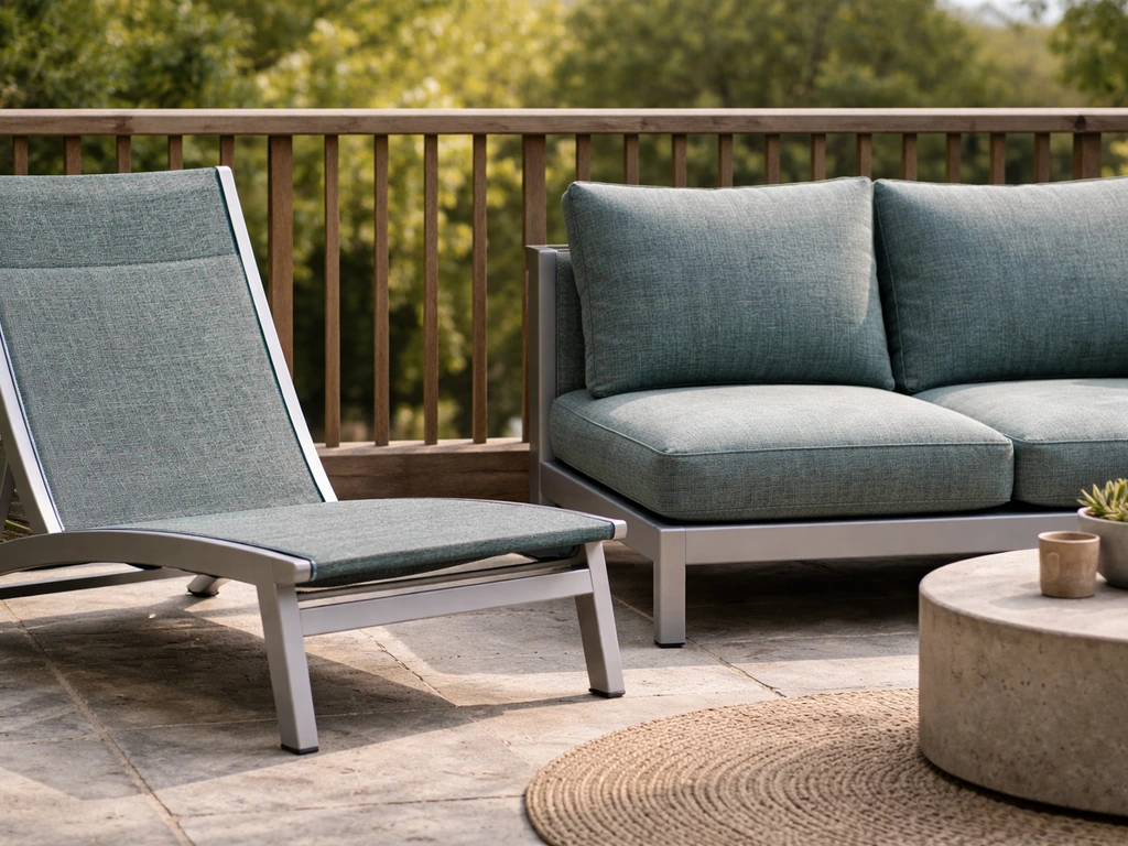 Close-up of durable patio cushions and a sling chair with bold woven outdoor fabric outdoors.