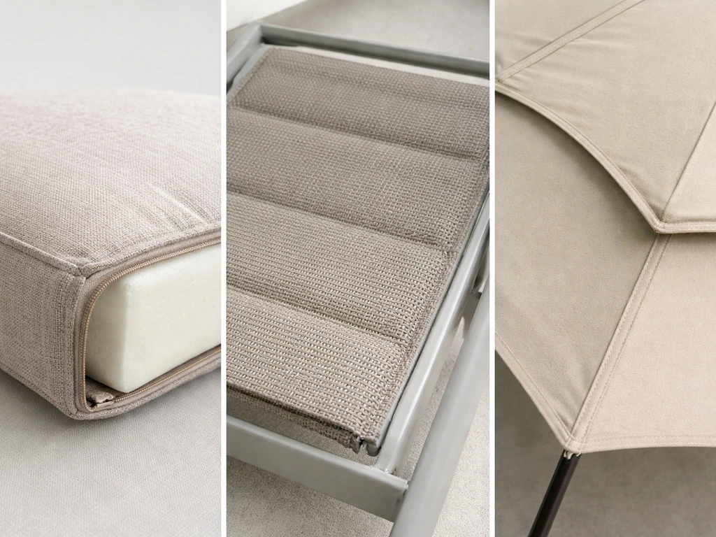 Side-by-side closeups of a patio cushion fabric, sling seat fabric, and umbrella canopy fabric panel.