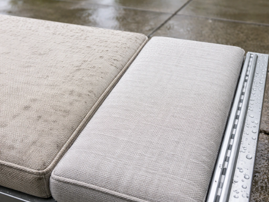 Closeup of outdoor fabric surface showing cleaned mildew-speckled area and a quick-dry vented frame detail.