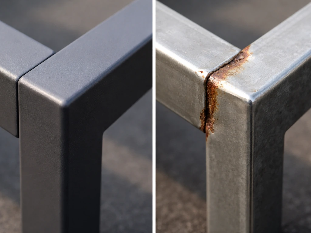 Macro view comparing powder-coated aluminum and rust-prone steel frame joints with visible corrosion focus.