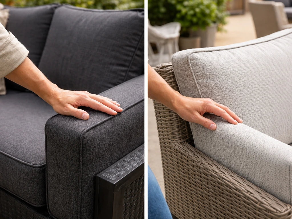 Anonymous shopper’s hands comparing two patio cushion styles in a bright outdoor furniture display.