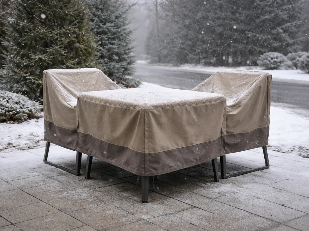 Minimal winter patio set covered with a protective cover, light snow and frost suggesting freeze-thaw readiness.