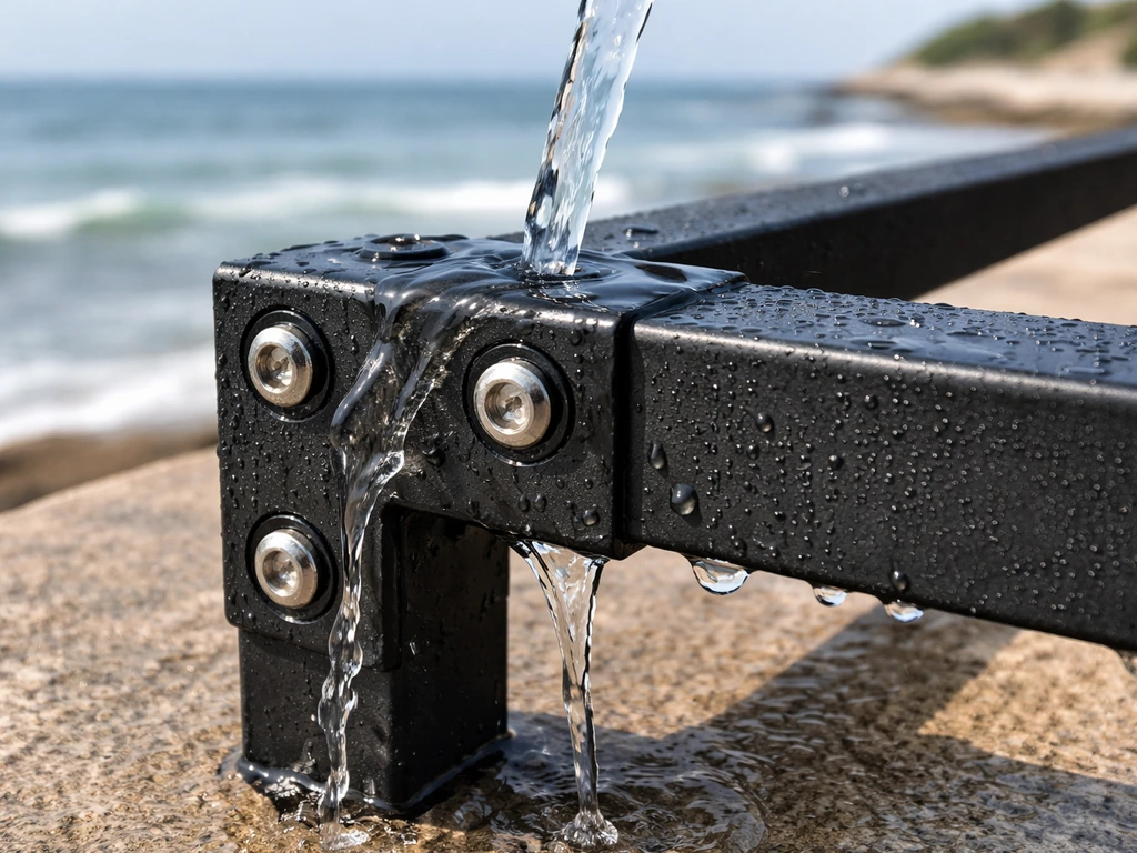 Close-up of powder-coated metal hardware with a flush of water, showing salt-corrosion prevention theme