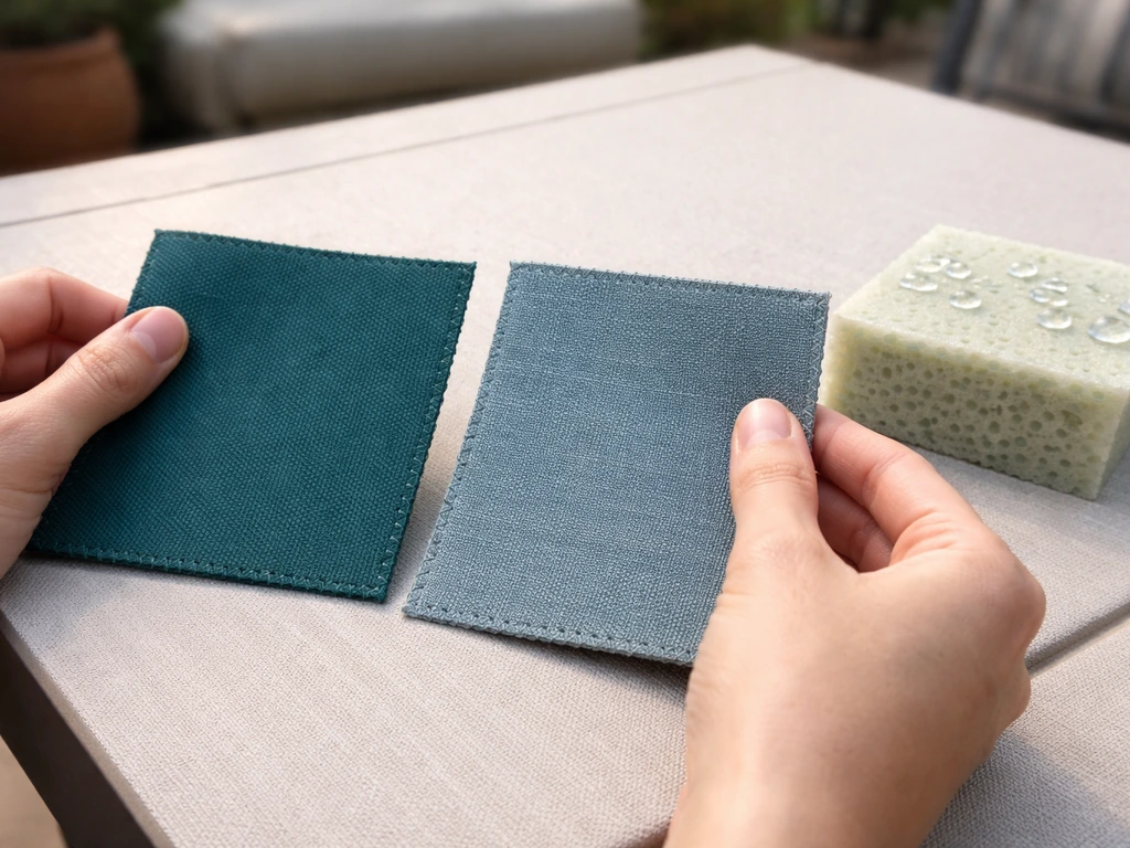 Close-up of hands comparing two cushion fabric swatches beside open-cell foam pores and droplets.